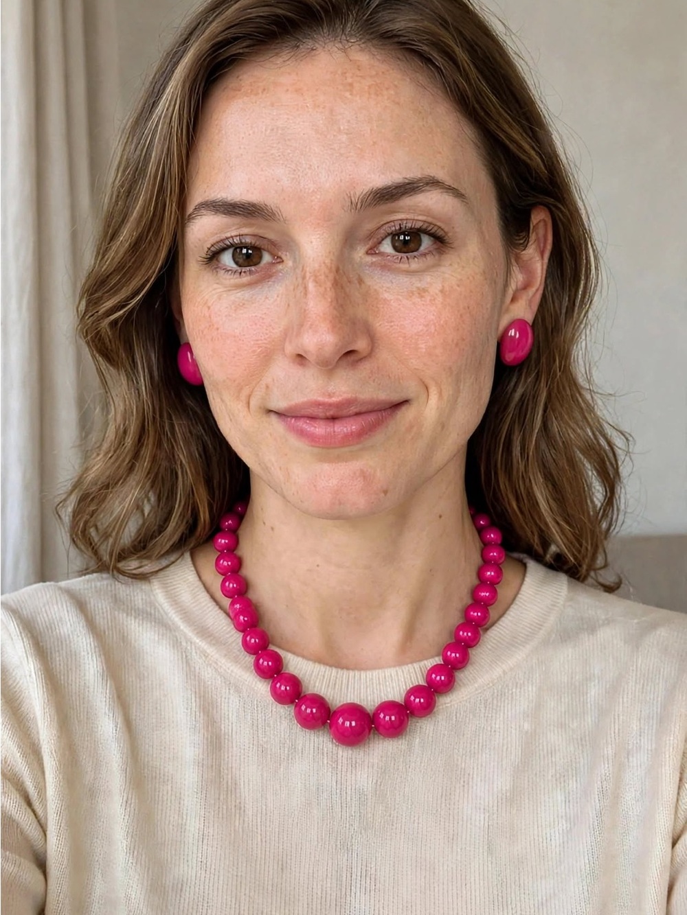 Hot Pink Beaded Necklace and Matching Stud Earrings